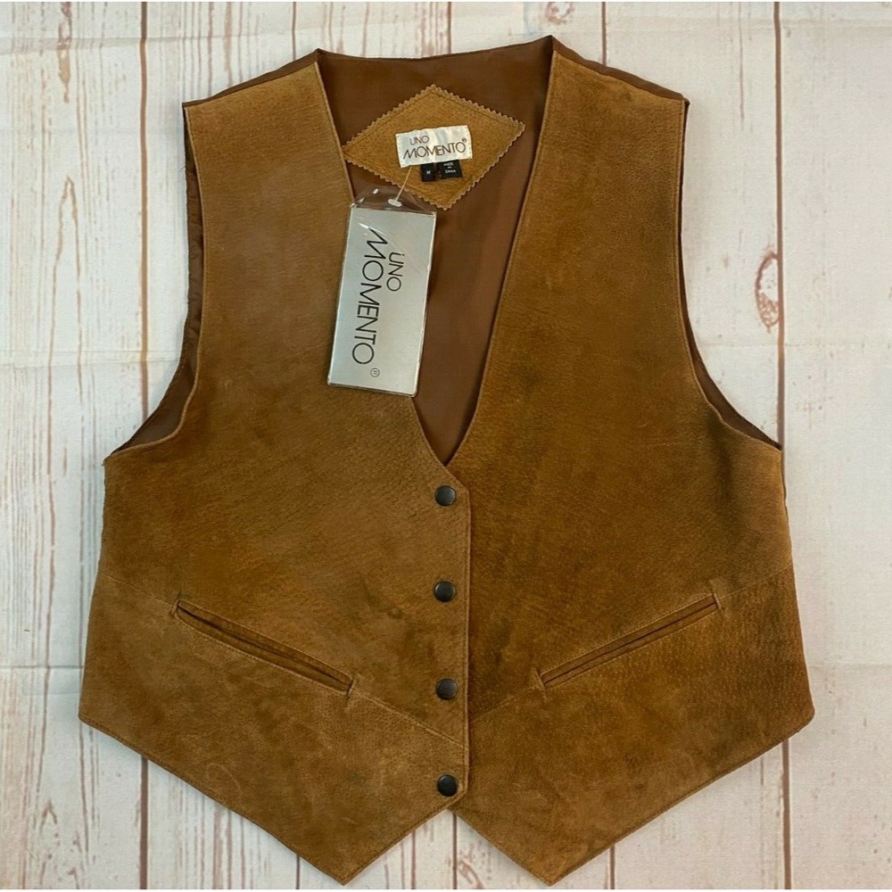 Uno Momento Brown Leather Vest Adult Medium Button Front South Western Biker Nwt